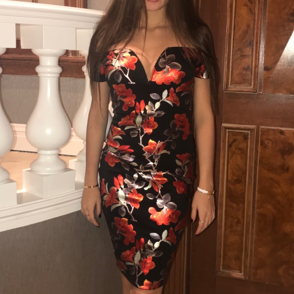 Floral black and red off the shoulder dress size small